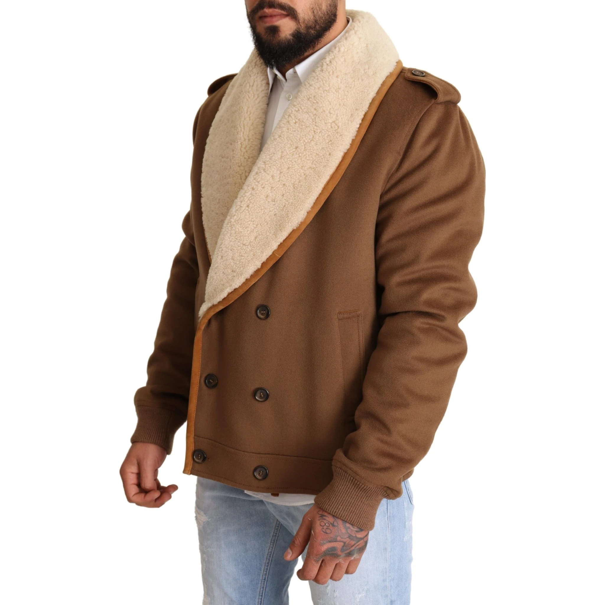 Brown Double Breasted Shearling Coat Jacket