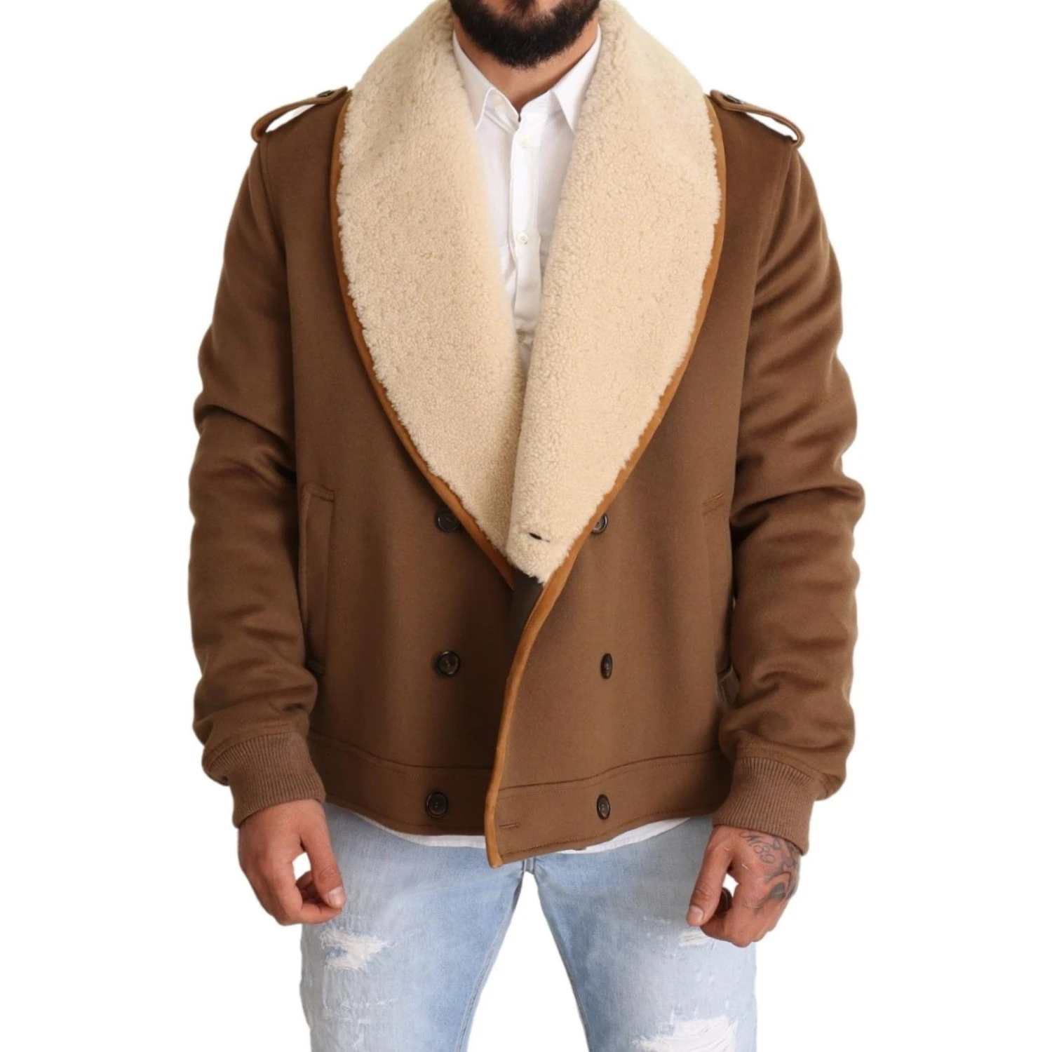 Brown Double Breasted Shearling Coat Jacket