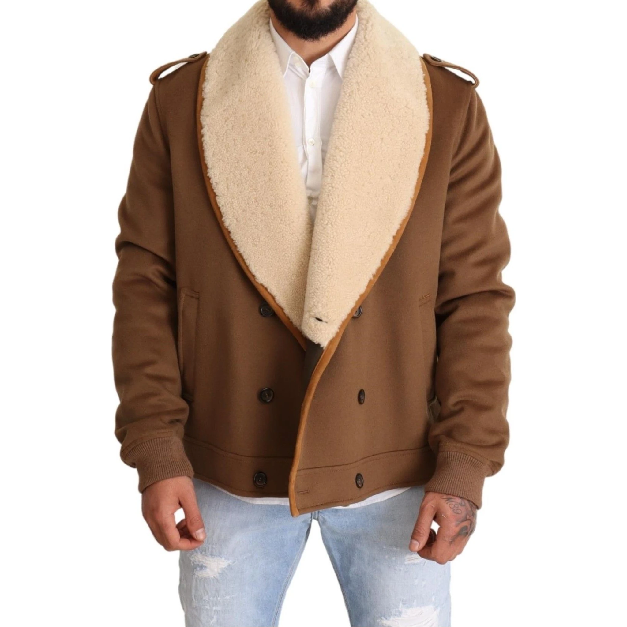 Brown Double Breasted Shearling Coat Jacket