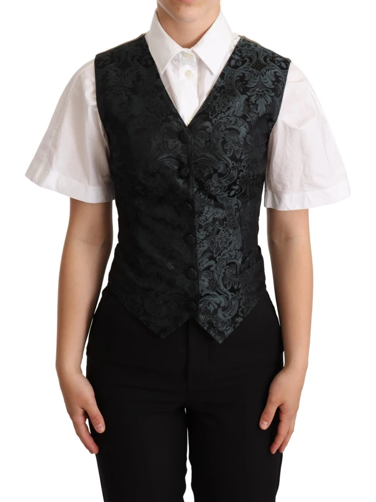Black Jacquard Floral Waistcoat Vest Green
