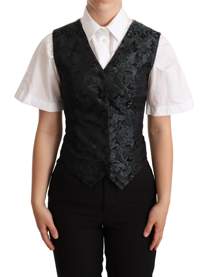 Black Jacquard Floral Waistcoat Vest Green