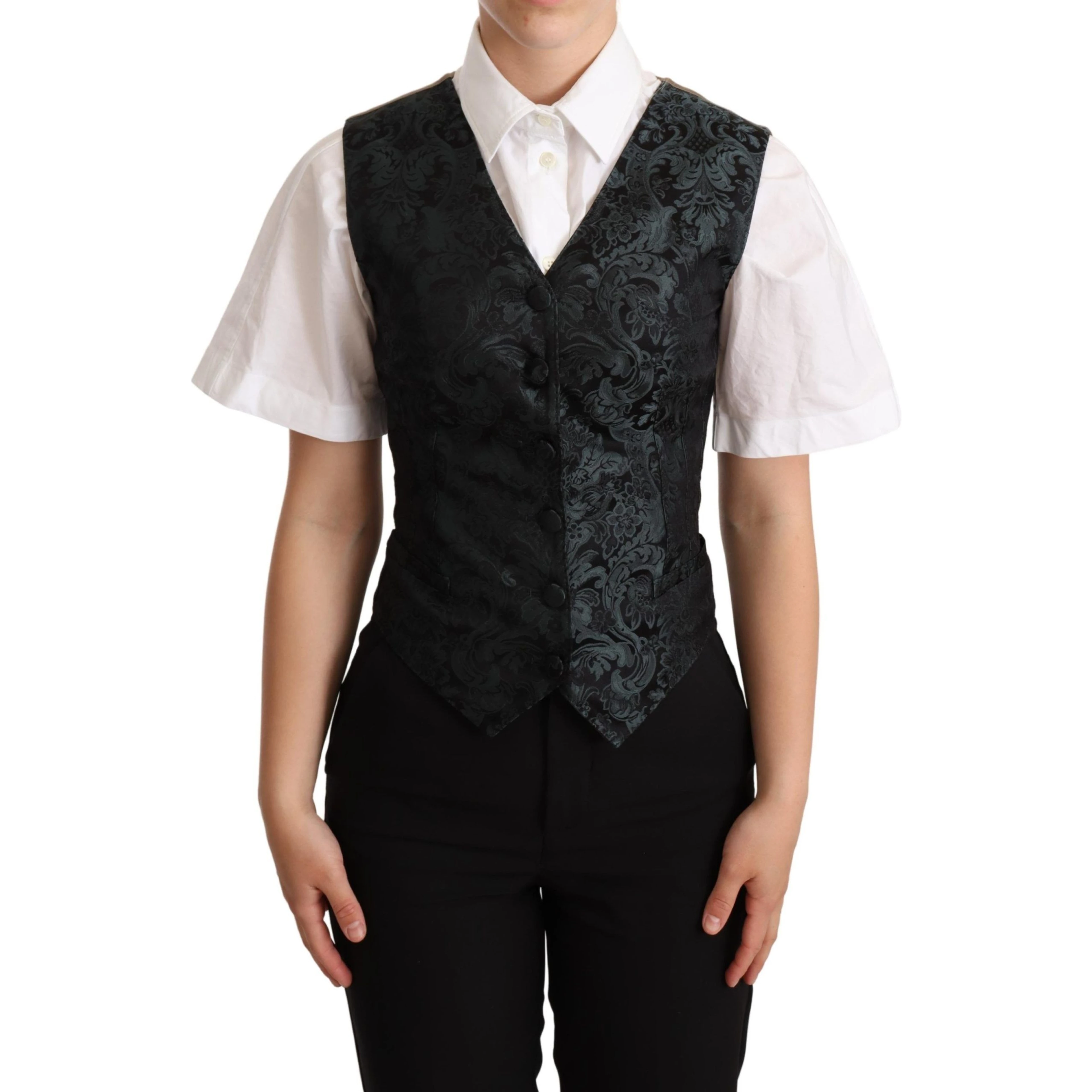 Black Jacquard Floral Waistcoat Vest Green