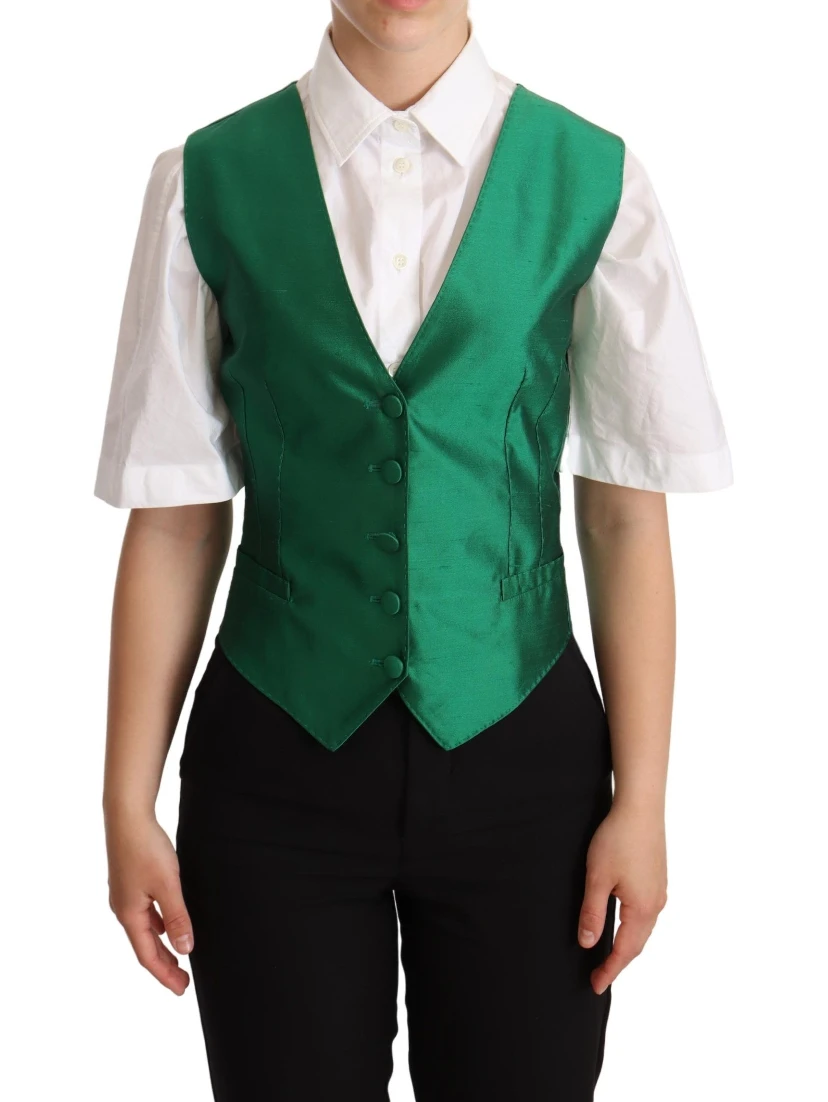 Green Silk Satin Sleeveless Waistcoat Vest