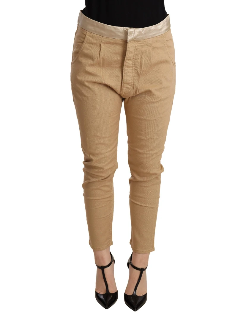 Beige Mid Waist Slim Fit Skinny Stretch Trouser