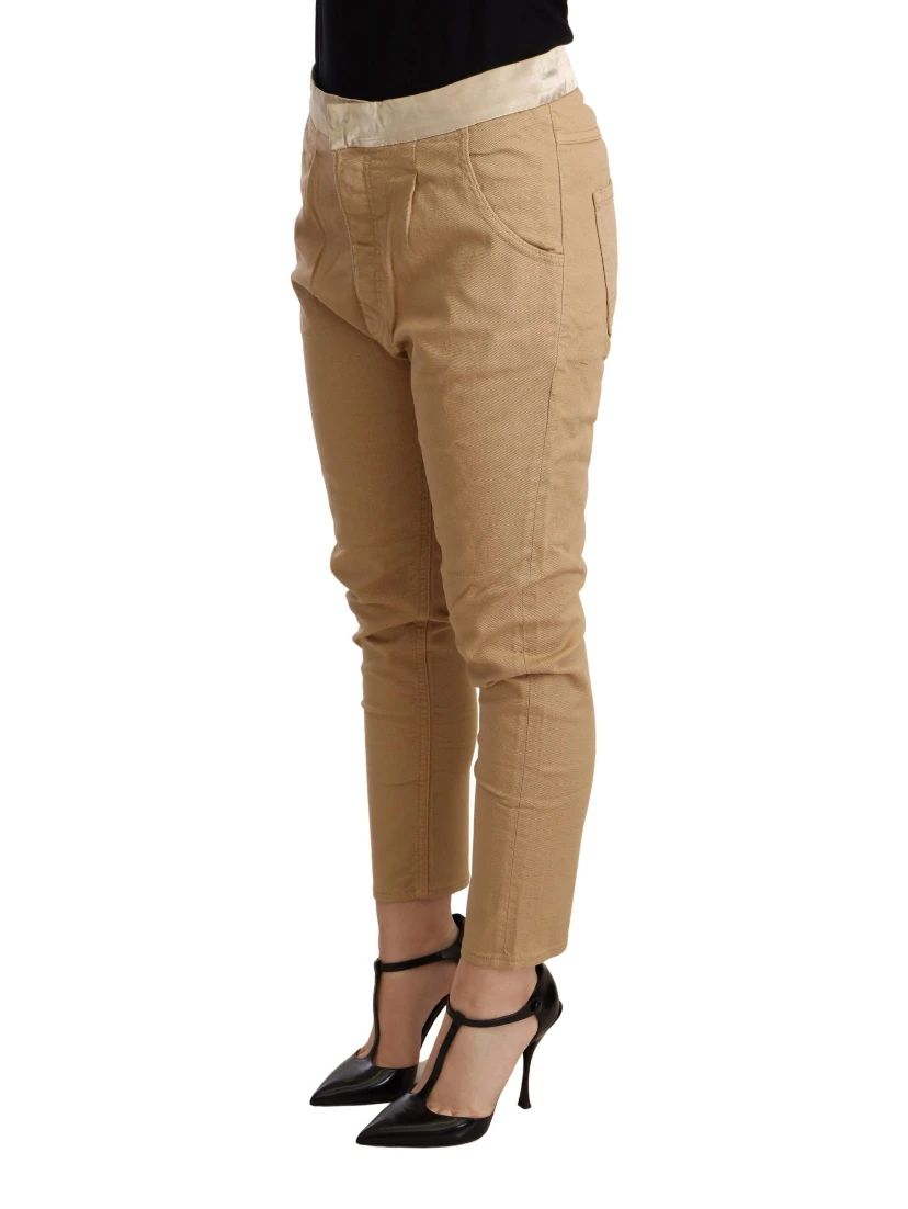 Beige Mid Waist Slim Fit Skinny Stretch Trouser