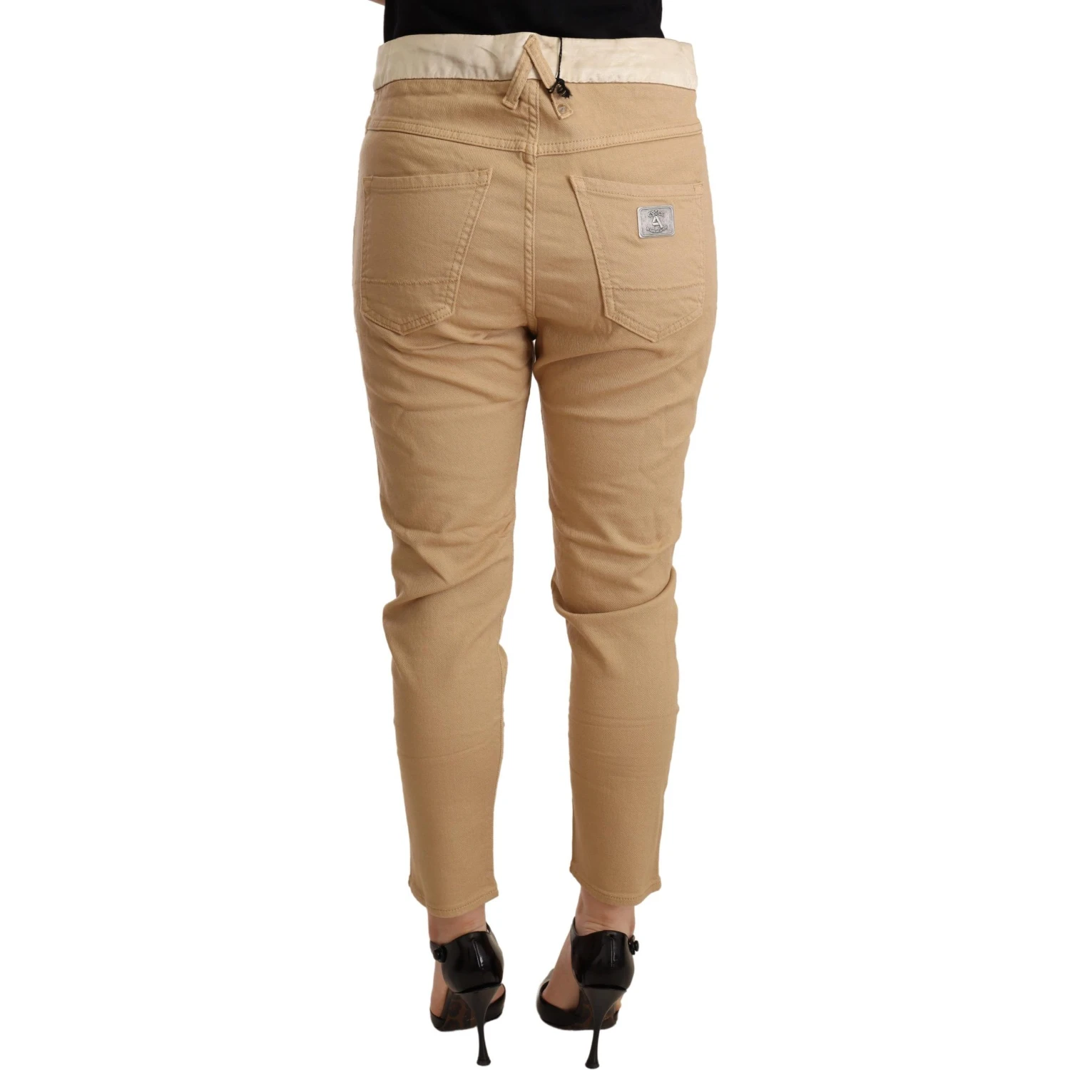 Beige Mid Waist Slim Fit Skinny Stretch Trouser