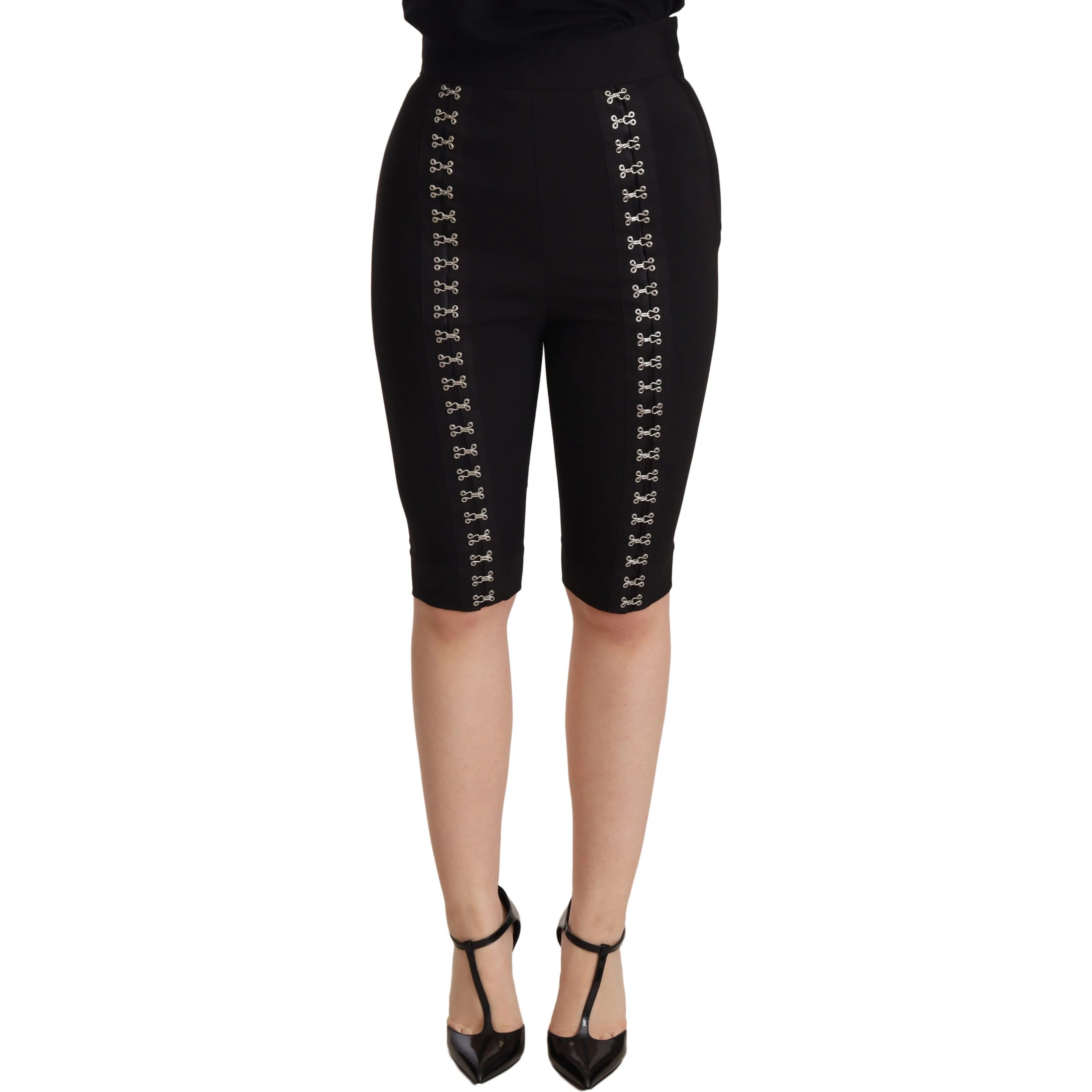 Black Wool Stretch Slim Fit High Waist Shorts