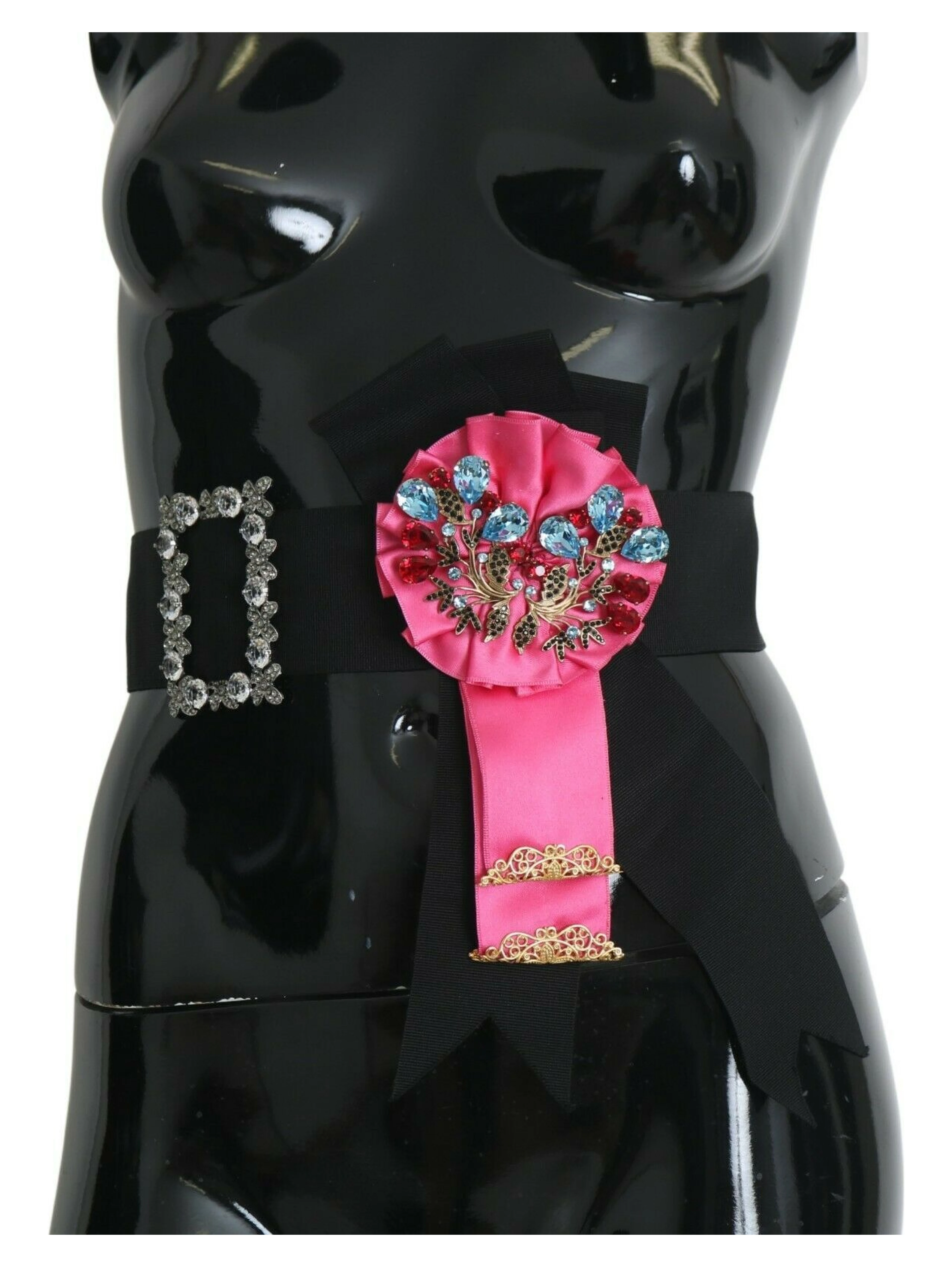 Black Pink Flower Brooch Crystals Cotton Belt