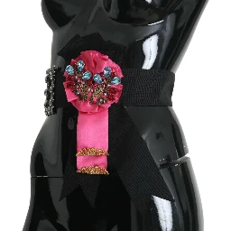 Black Pink Flower Brooch Crystals Cotton Belt