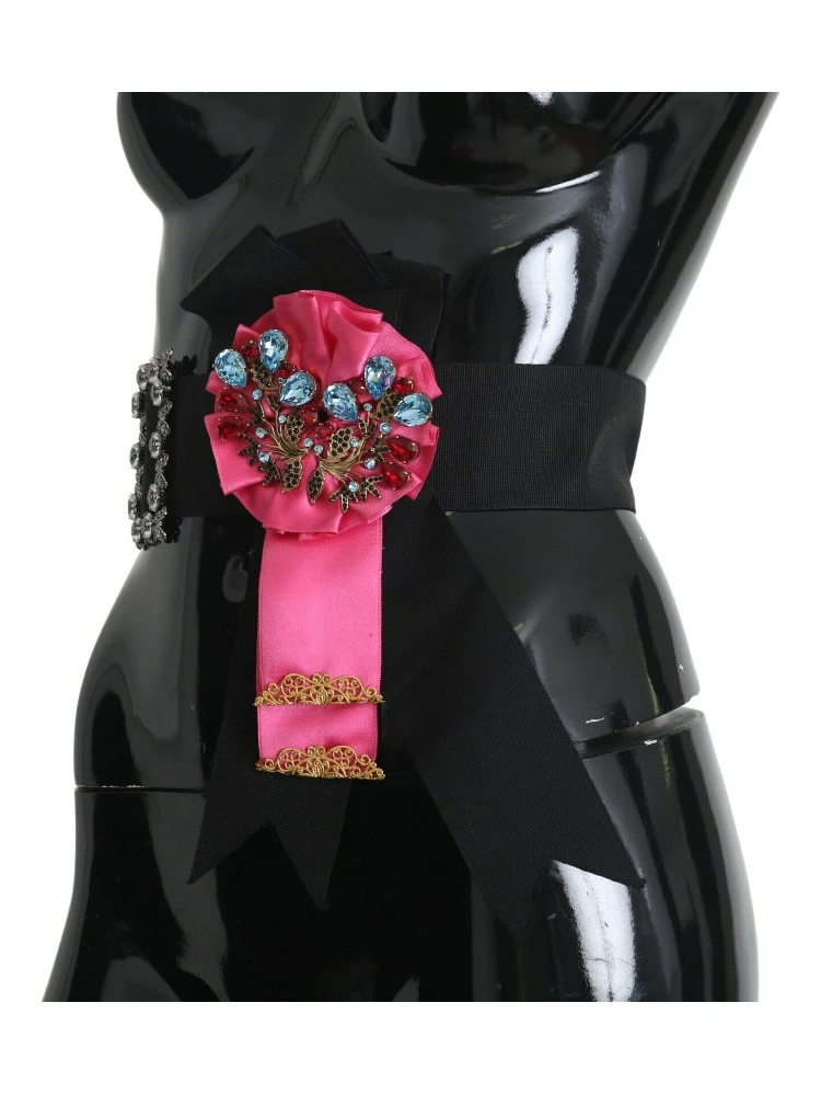 Black Pink Flower Brooch Crystals Cotton Belt alternative