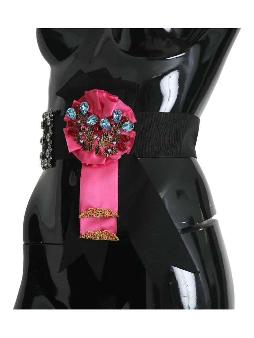 Black Pink Flower Brooch Crystals Cotton Belt