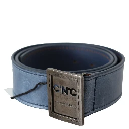 Blue Normal Leather Logo Buckle Belt
