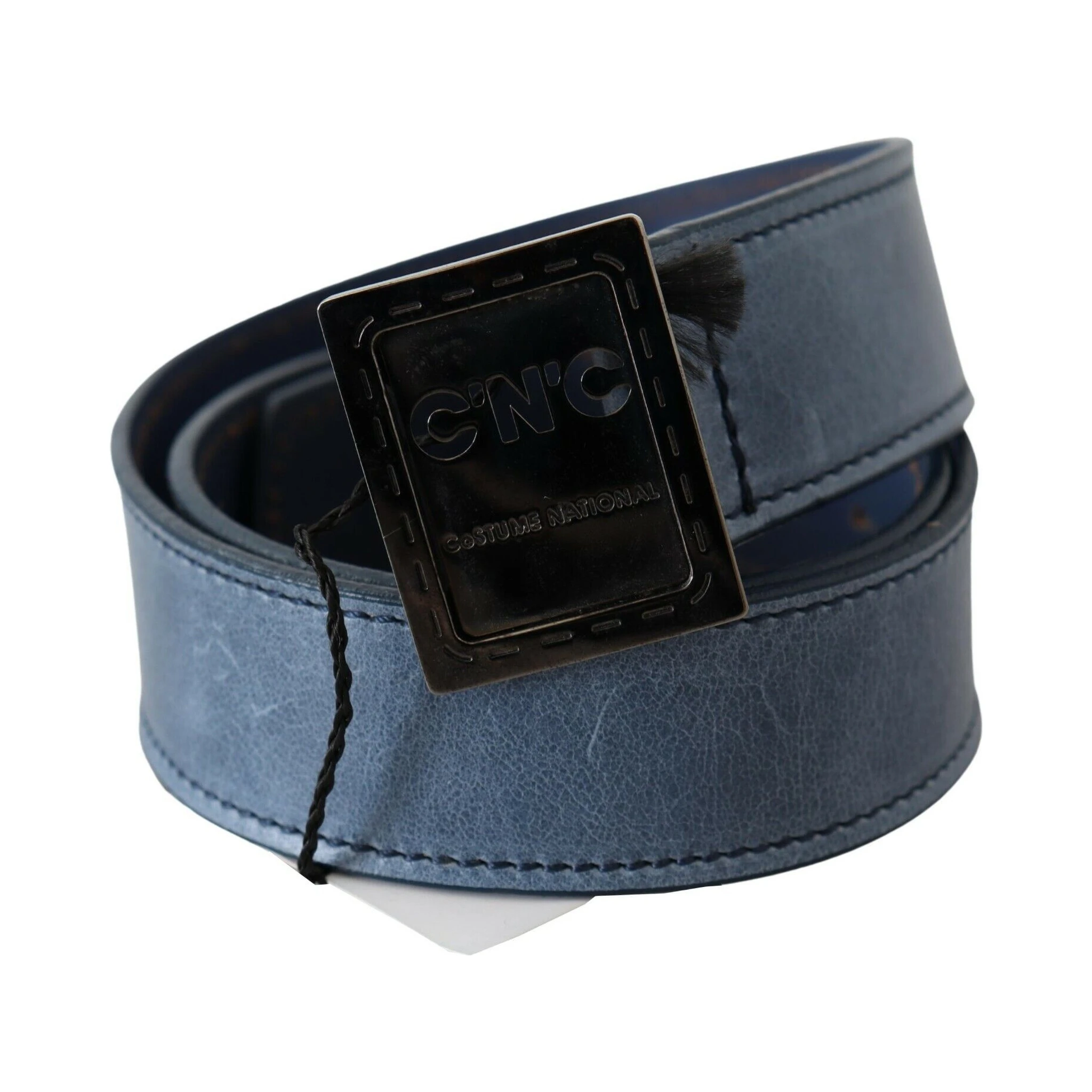 Blue Normal Leather Logo Buckle Belt