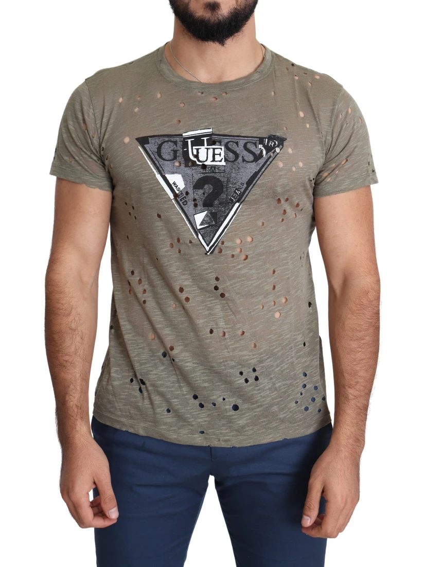 Brown Cotton Stretch Logo Print Men Casual Perforated T-shirt