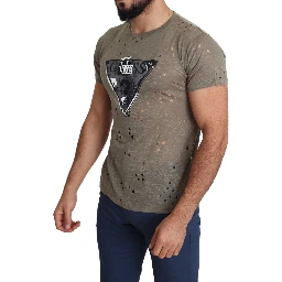 Brown Cotton Stretch Logo Print Men Casual Perforated T-shirt