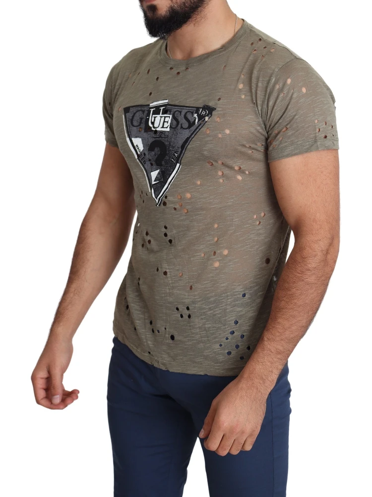 Brown Cotton Stretch Logo Print Men Casual Perforated T-shirt alternative