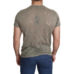 Brown Cotton Stretch Logo Print Men Casual Perforated T-shirt