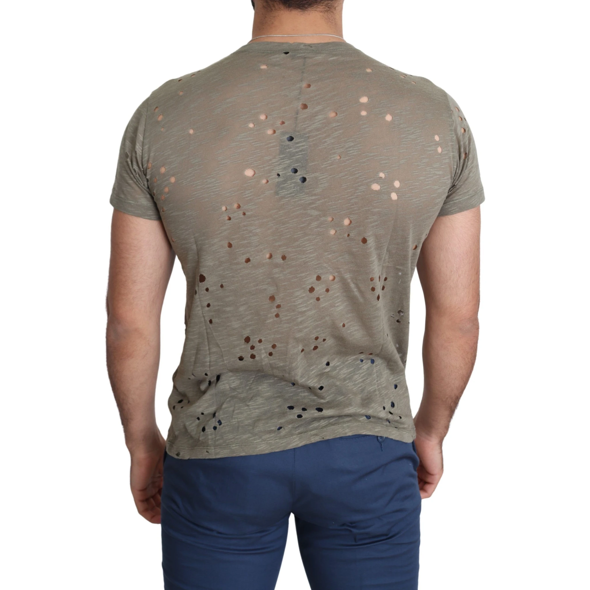 Brown Cotton Stretch Logo Print Men Casual Perforated T-shirt