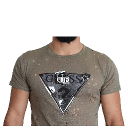 Brown Cotton Stretch Logo Print Men Casual Perforated T-shirt