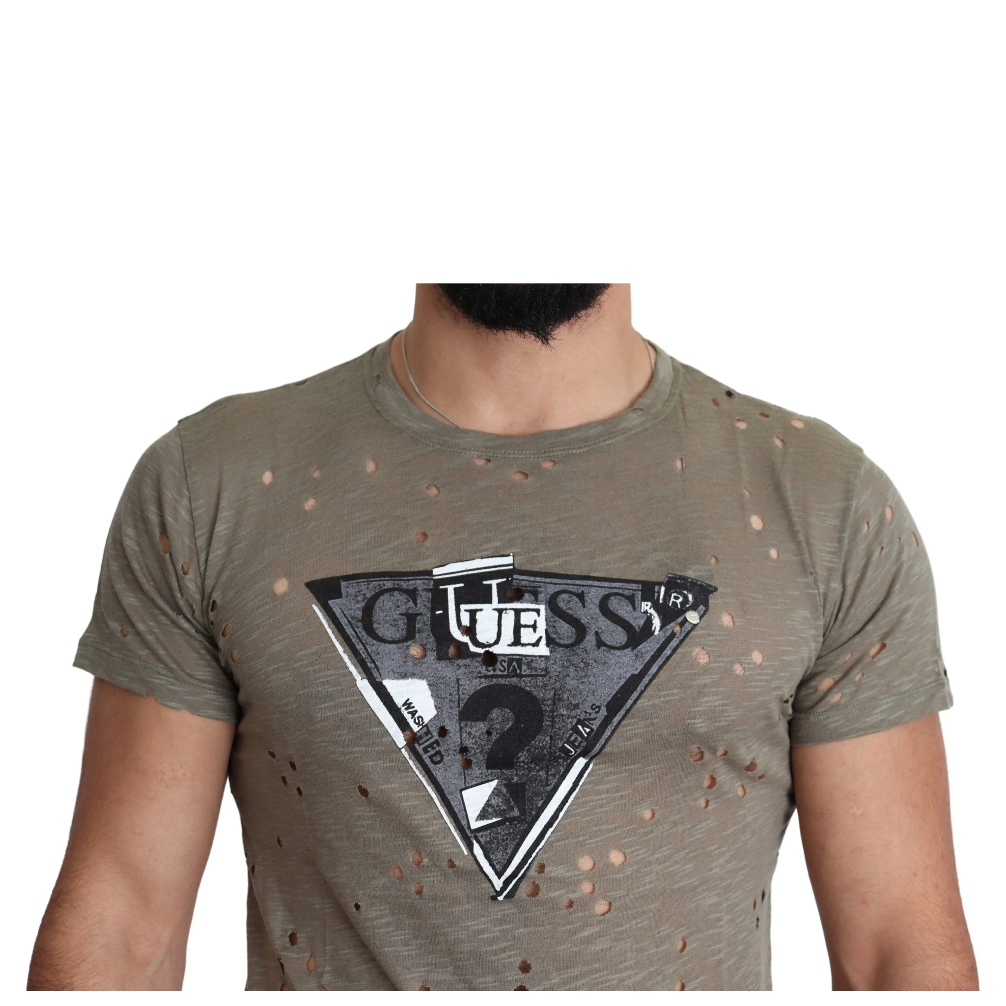 Brown Cotton Stretch Logo Print Men Casual Perforated T-shirt