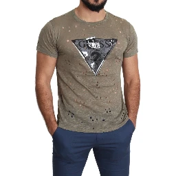 Brown Cotton Stretch Logo Print Men Casual Perforated T-shirt