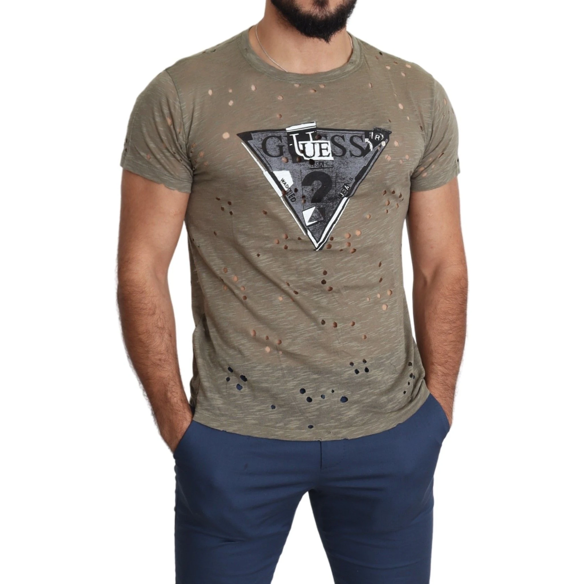 Brown Cotton Stretch Logo Print Men Casual Perforated T-shirt