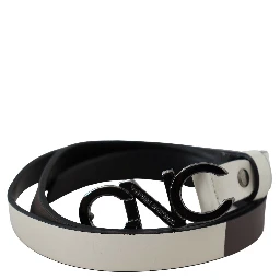 White Black Leather Letter Logo Buckle Belt