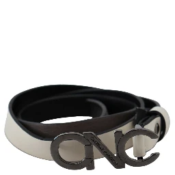 White Black Leather Letter Logo Buckle Belt
