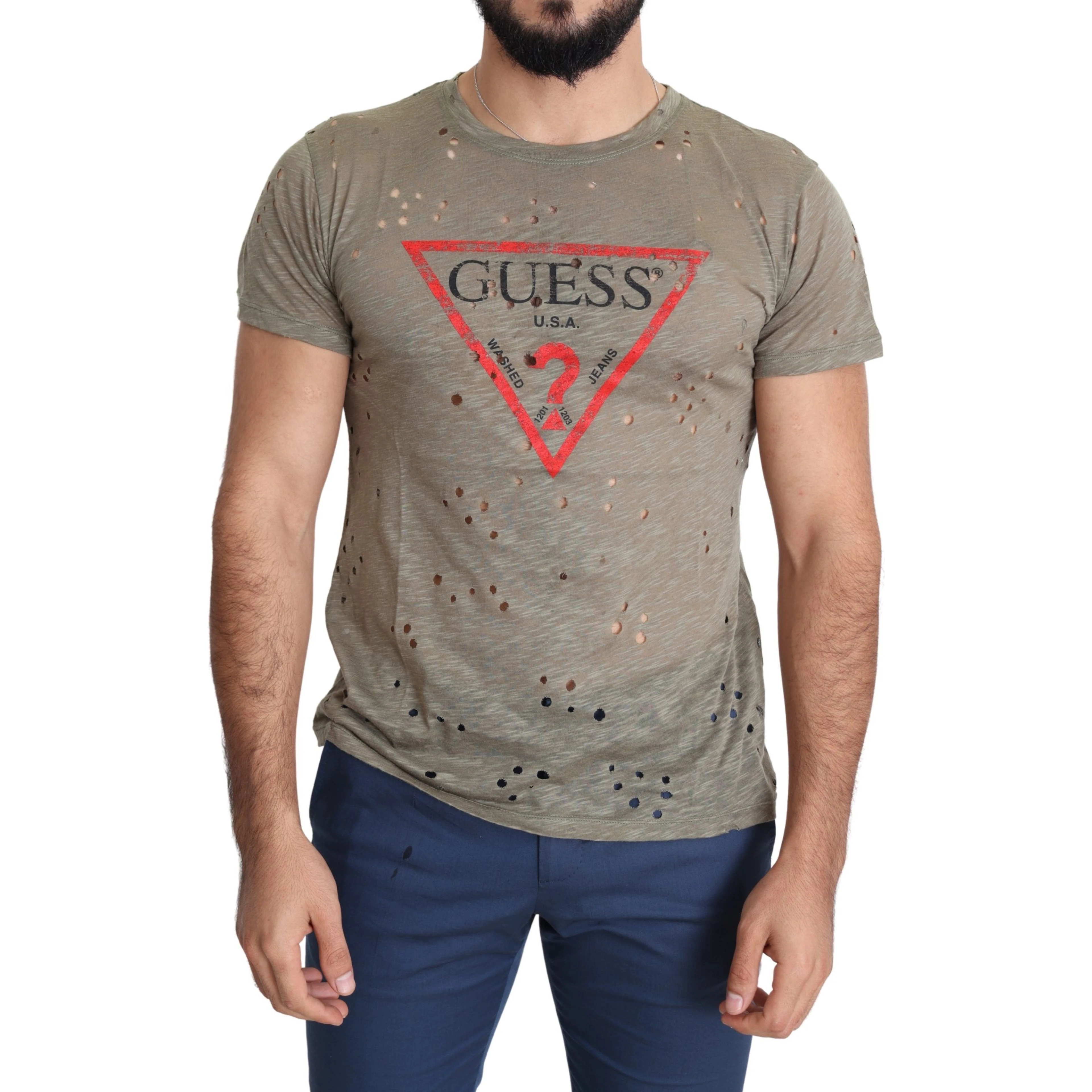 Brown Cotton Stretch Logo Print Men Casual Perforated T-shirt