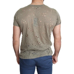 Brown Cotton Stretch Logo Print Men Casual Perforated T-shirt