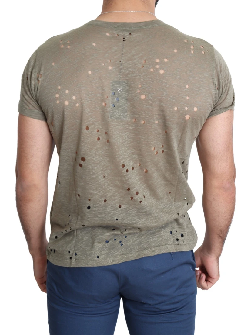 Brown Cotton Stretch Logo Print Men Casual Perforated T-shirt