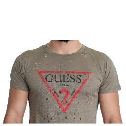 Brown Cotton Stretch Logo Print Men Casual Perforated T-shirt