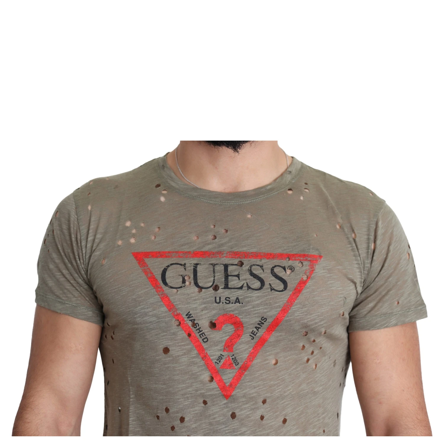 Brown Cotton Stretch Logo Print Men Casual Perforated T-shirt