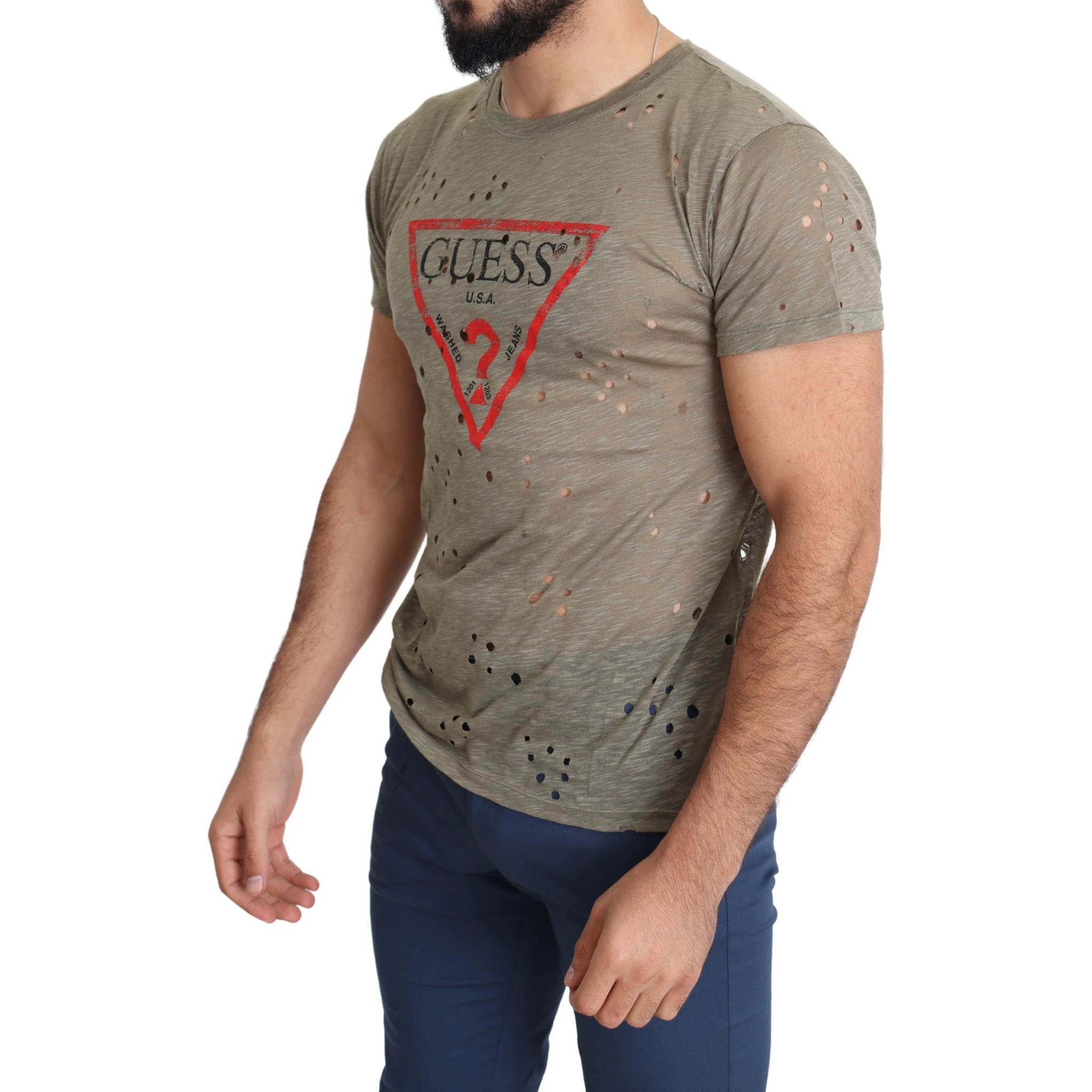 Brown Cotton Stretch Logo Print Men Casual Perforated T-shirt