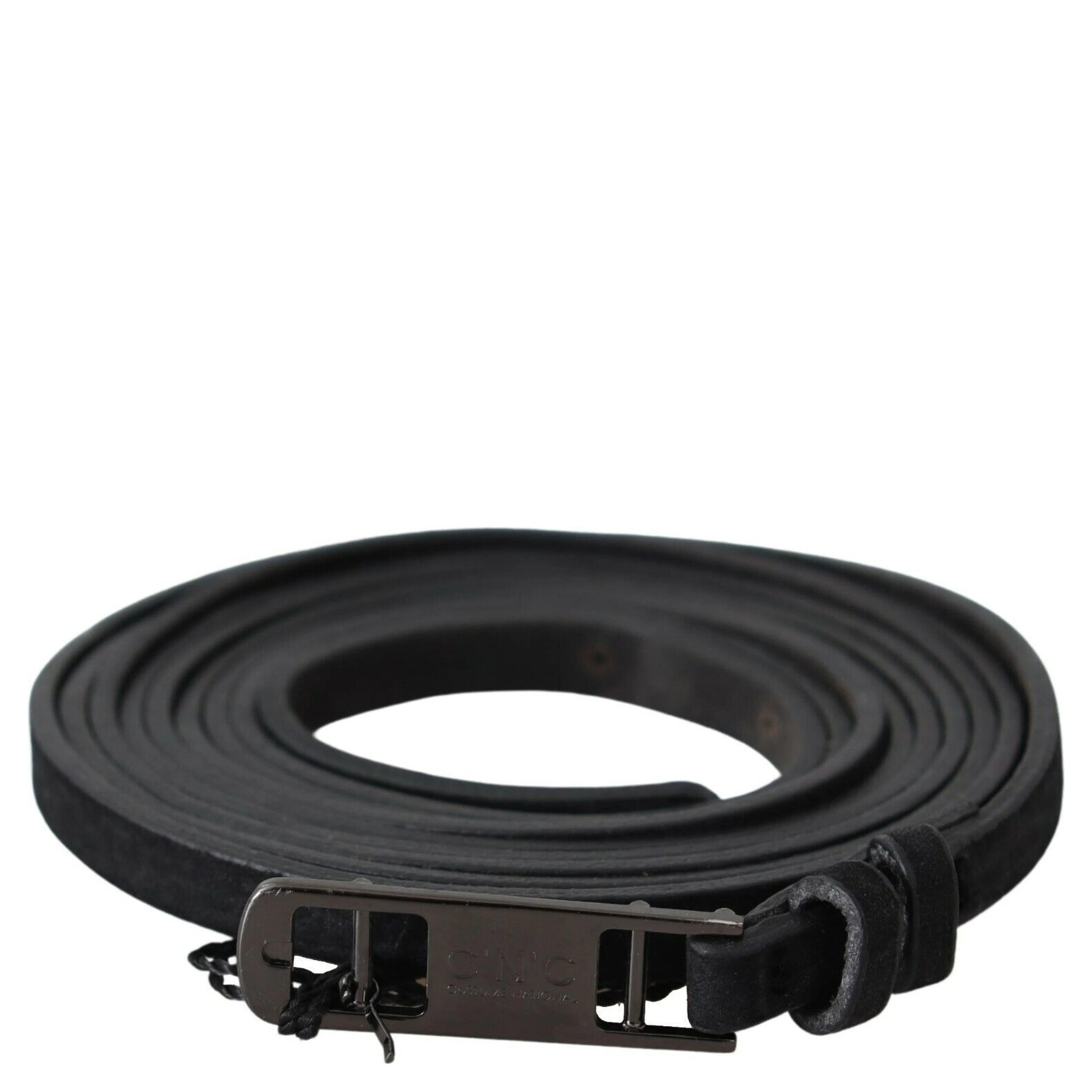 Black Leather Skinny Logo Buckle Belt