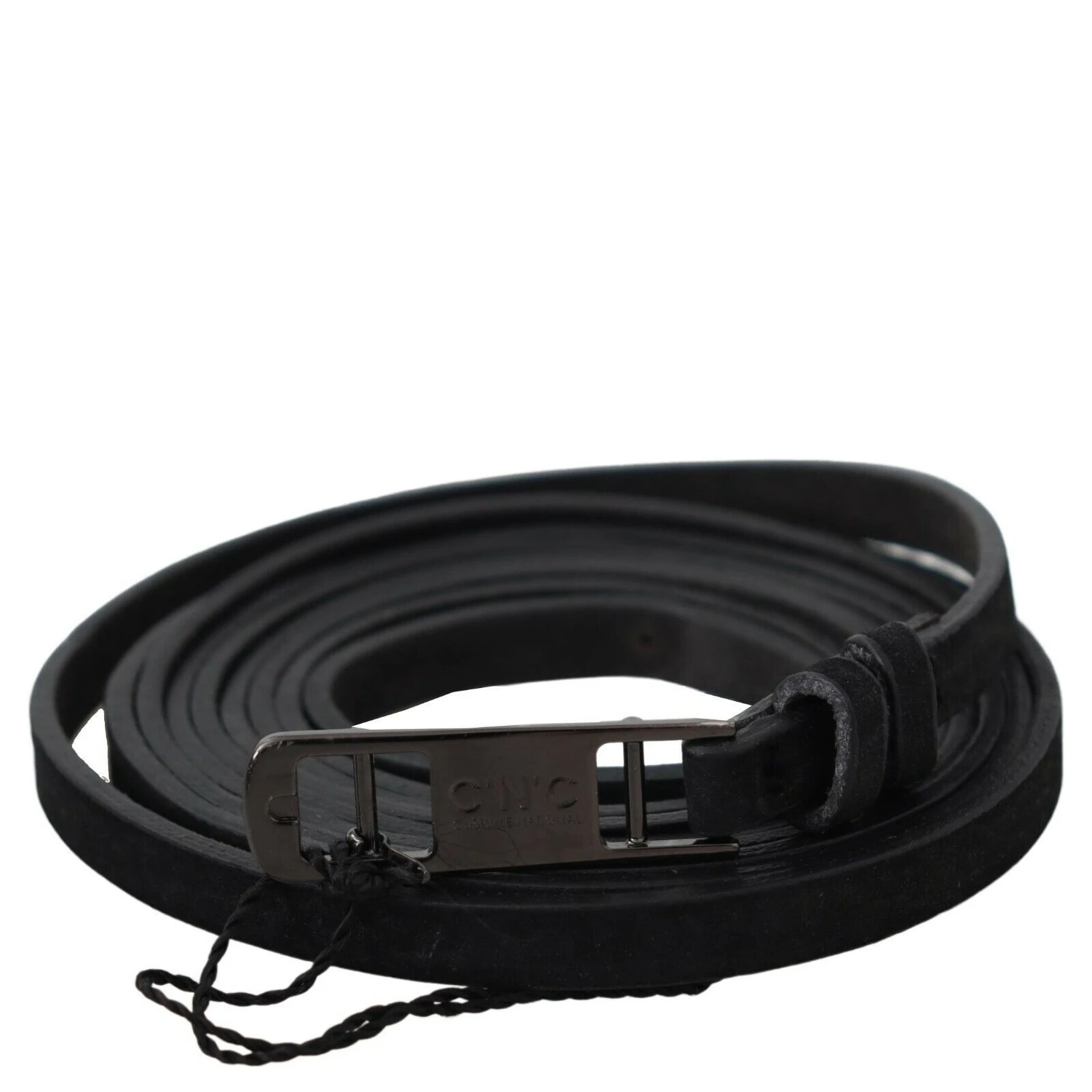 Black Leather Skinny Logo Buckle Belt
