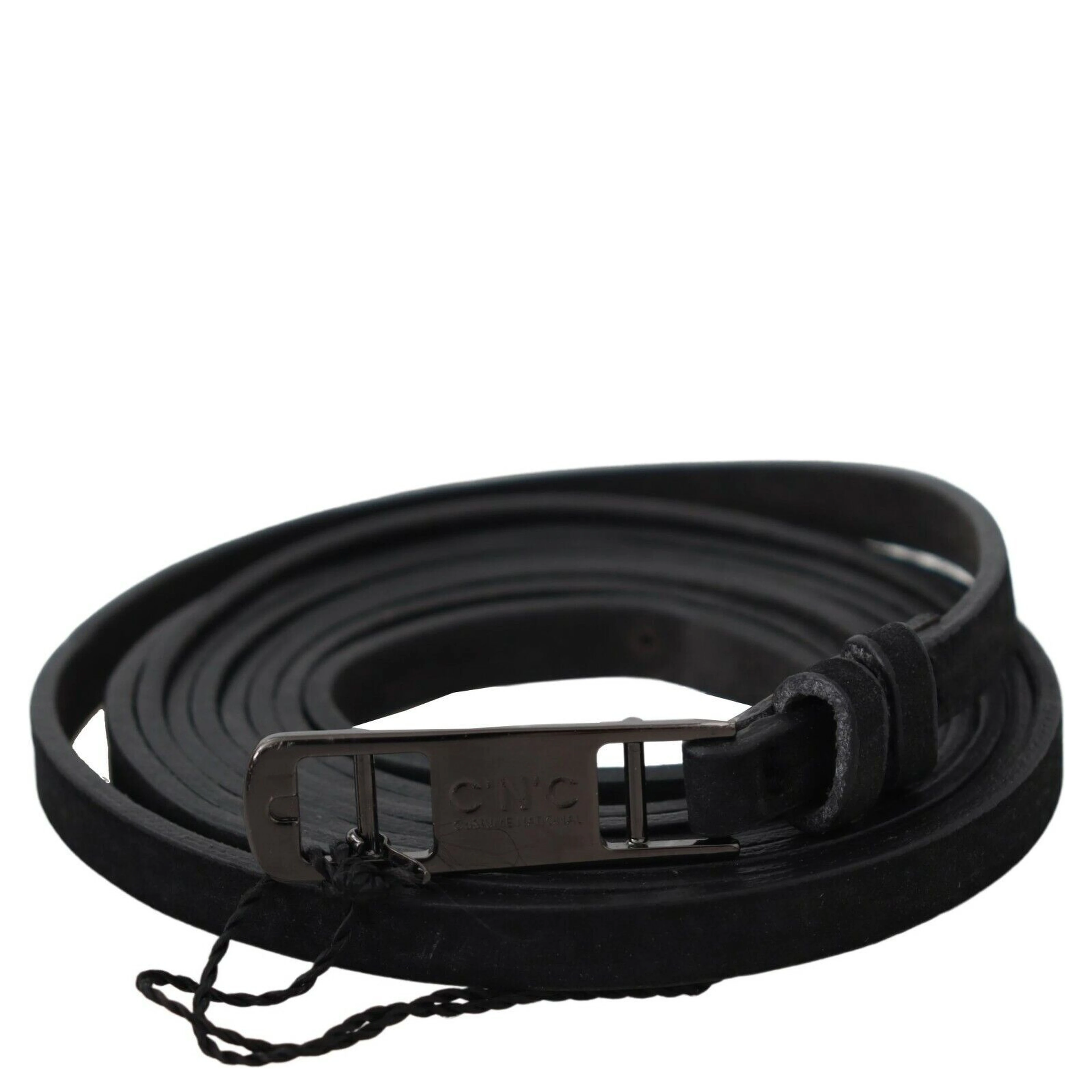 Black Leather Skinny Logo Buckle Belt