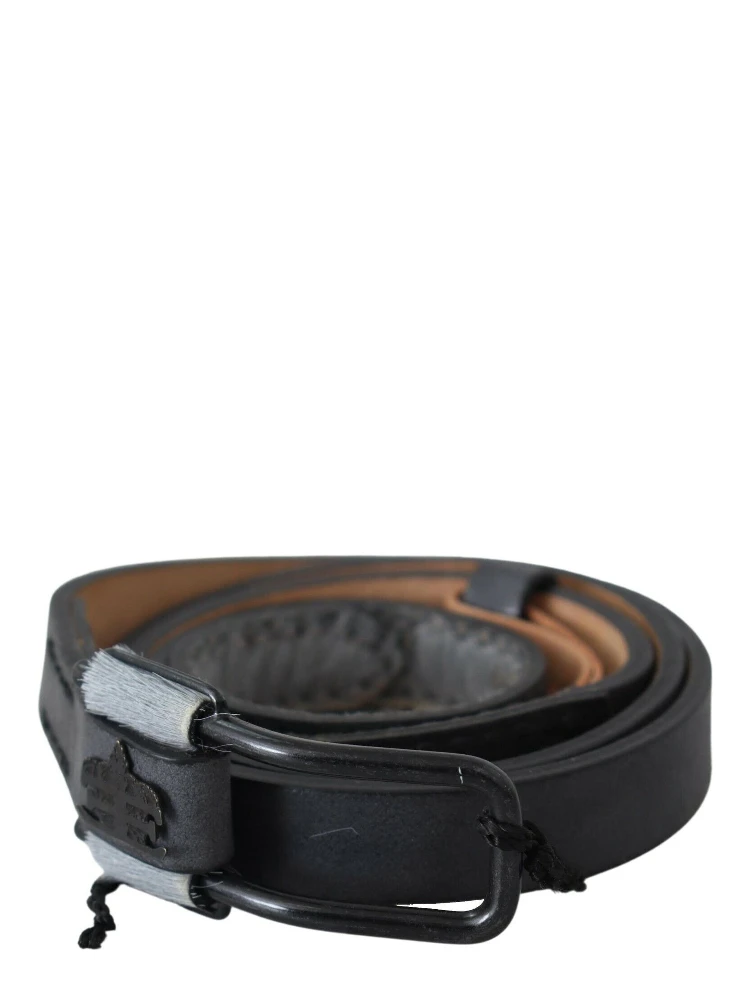 Black Leather Fringes Logo Buckle Belt