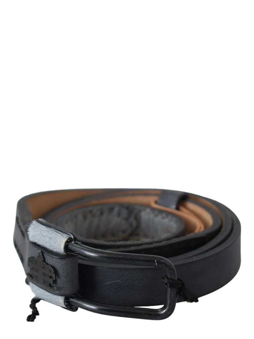 Black Leather Fringes Logo Buckle Belt
