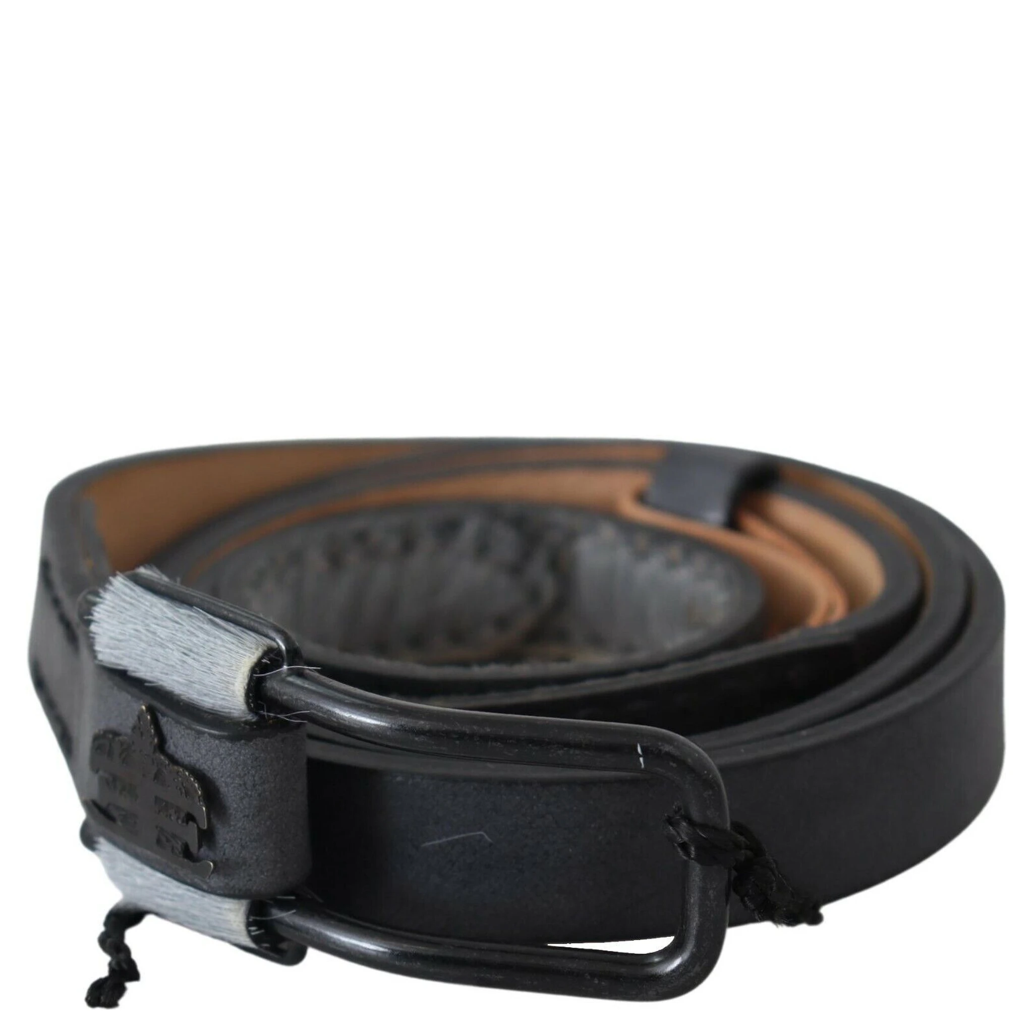 Black Leather Fringes Logo Buckle Belt