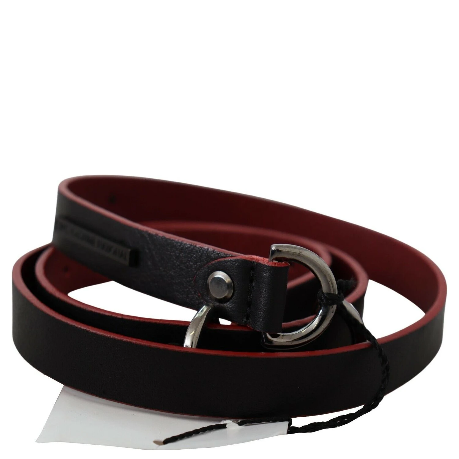 Black Red Skinny Leather Logo Belt