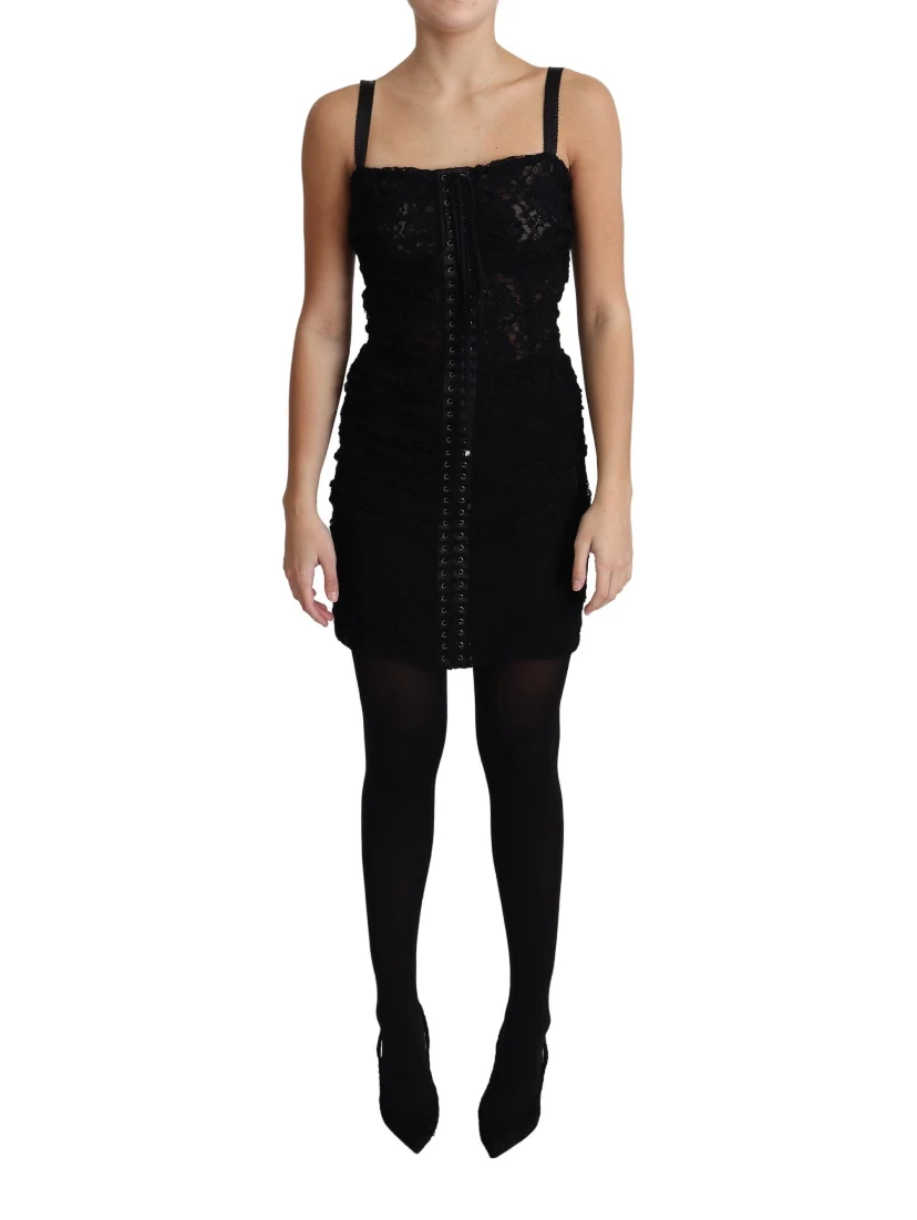 Black Lace Up Floral Corset Bustier Mini Dress