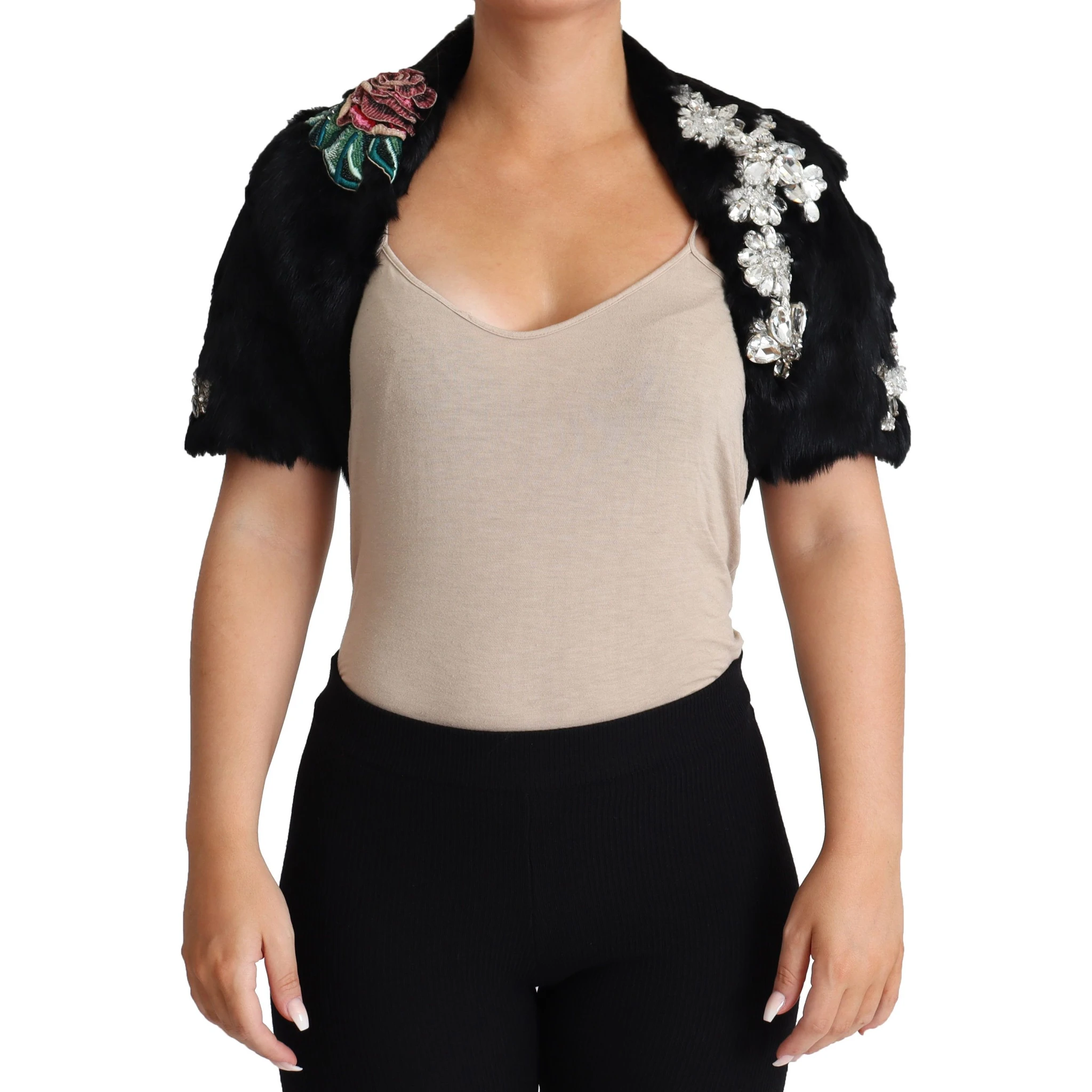 Black Rabbit Fur Crystals Sequin Coat