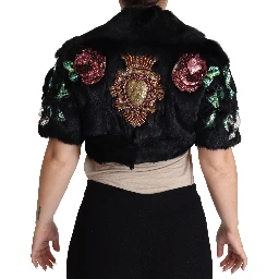 Black Rabbit Fur Crystals Sequin Coat