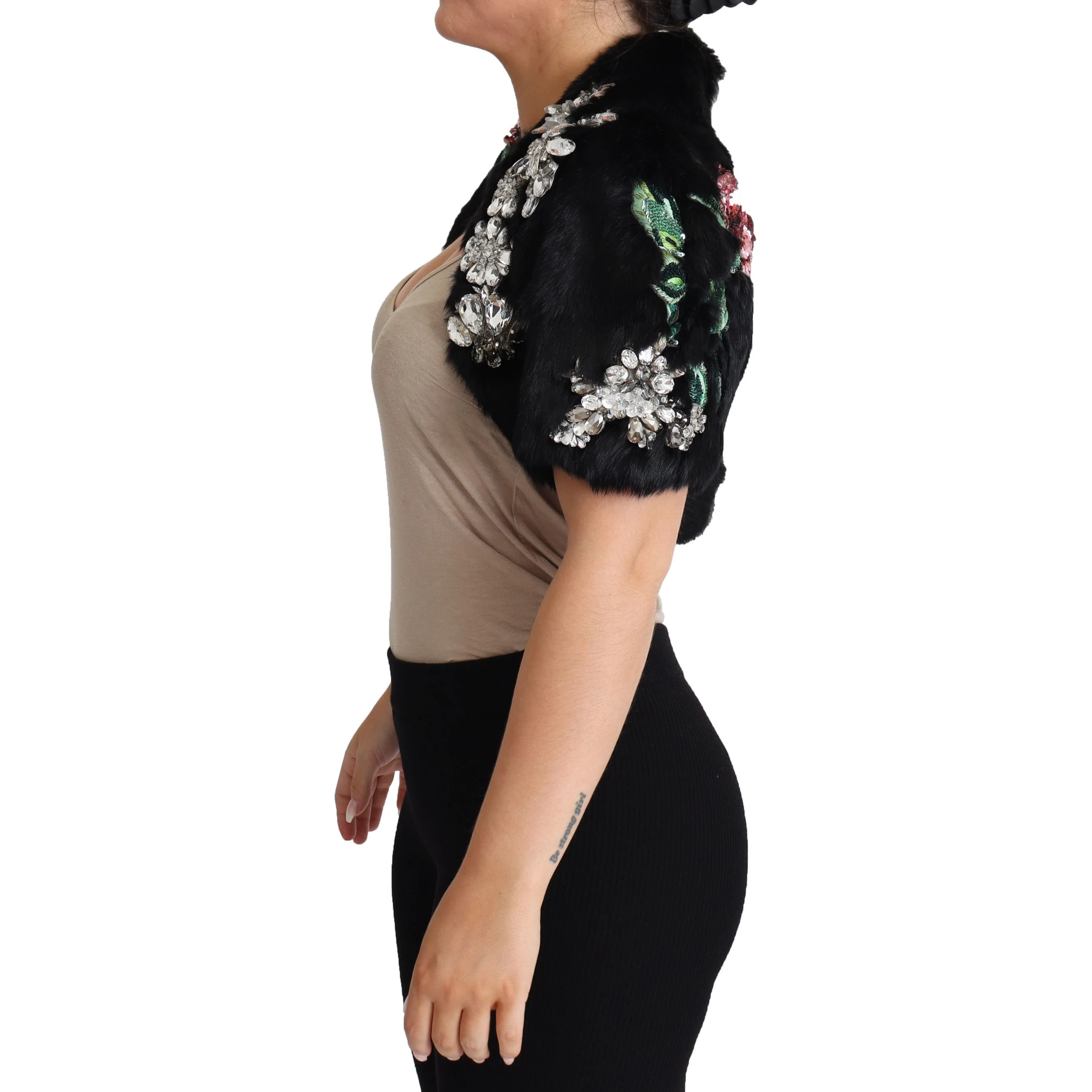 Black Rabbit Fur Crystals Sequin Coat