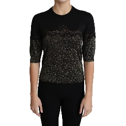 Black Shiny Lurex Lace Insert Pullover Top