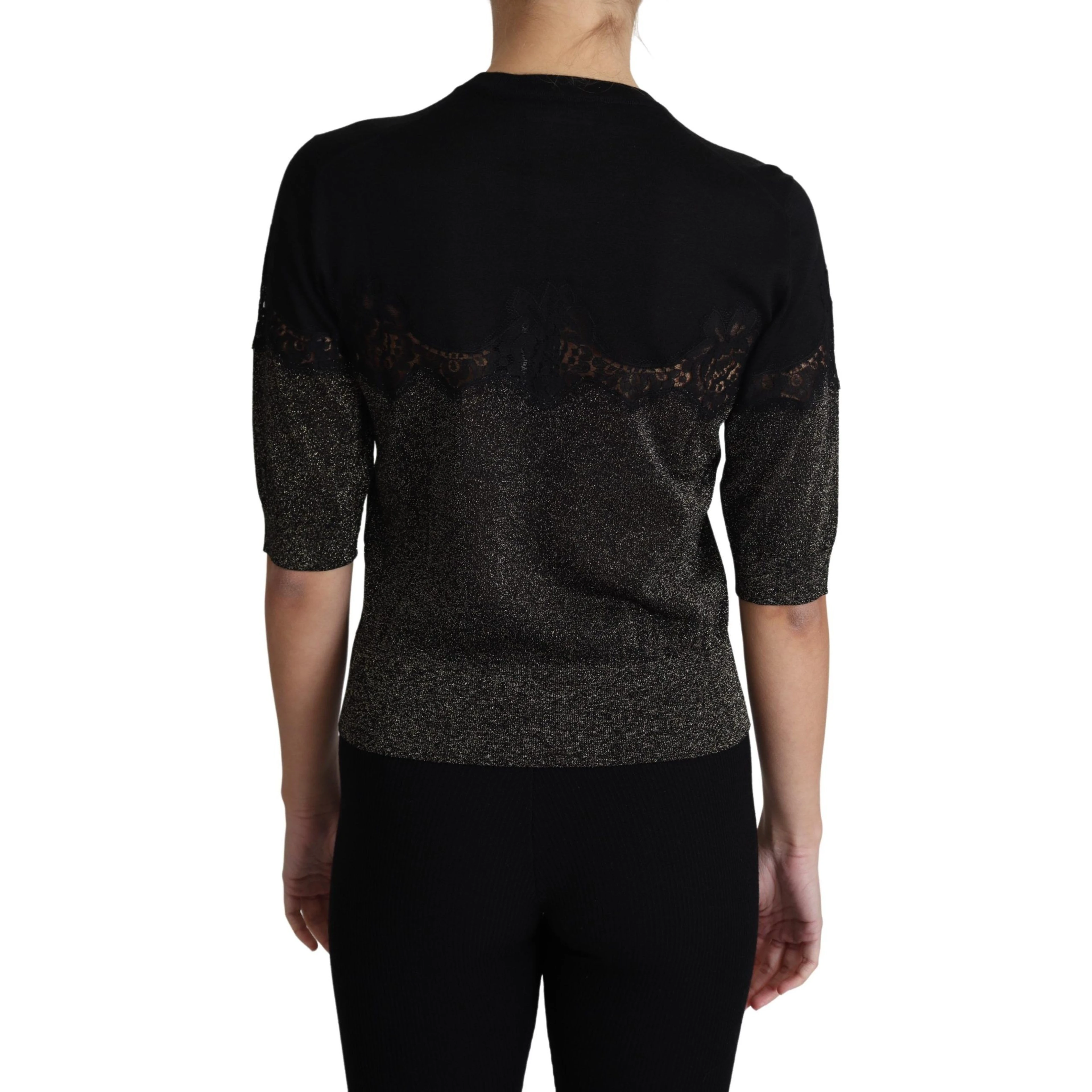 Black Shiny Lurex Lace Insert Pullover Top