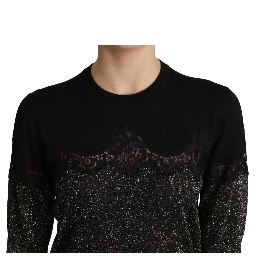 Black Shiny Lurex Lace Insert Pullover Top