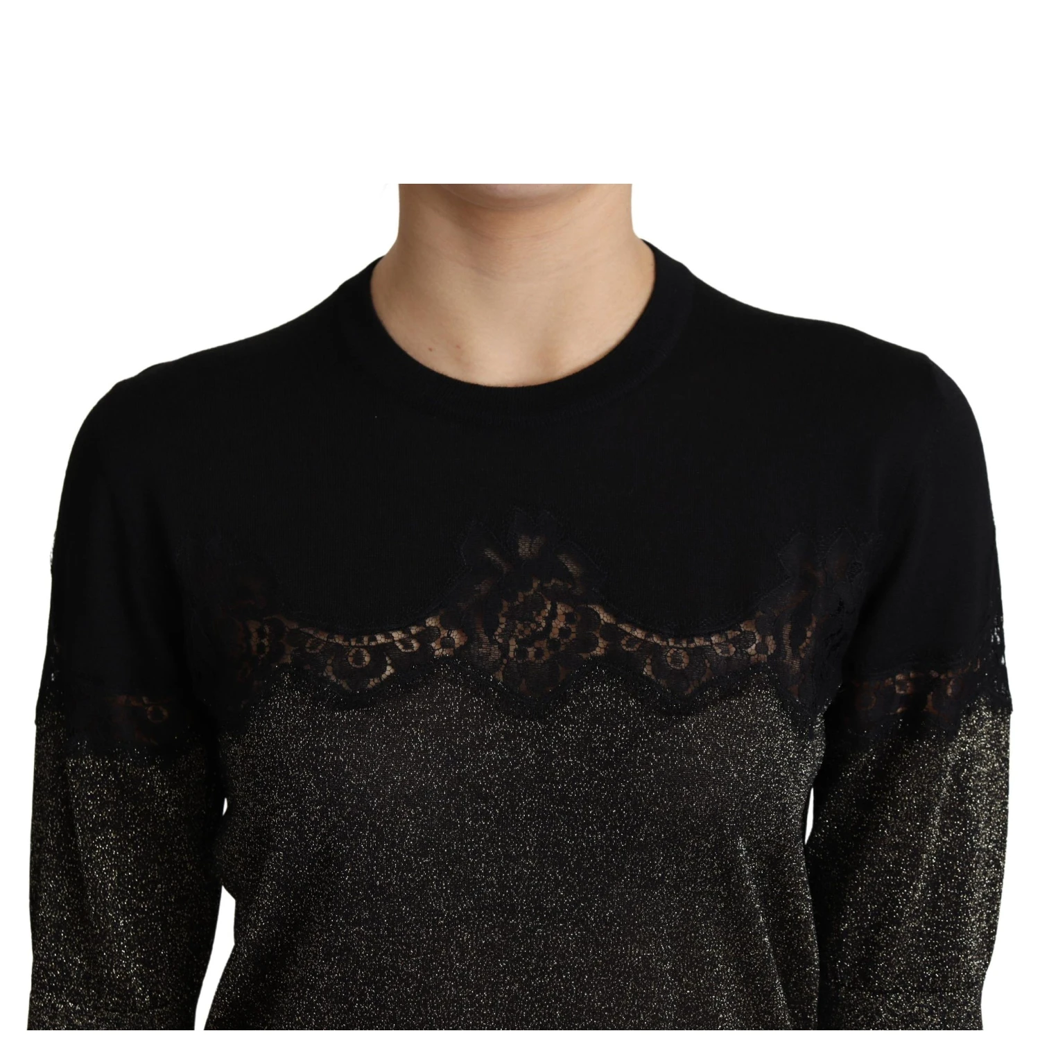 Black Shiny Lurex Lace Insert Pullover Top