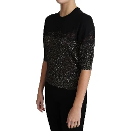Black Shiny Lurex Lace Insert Pullover Top